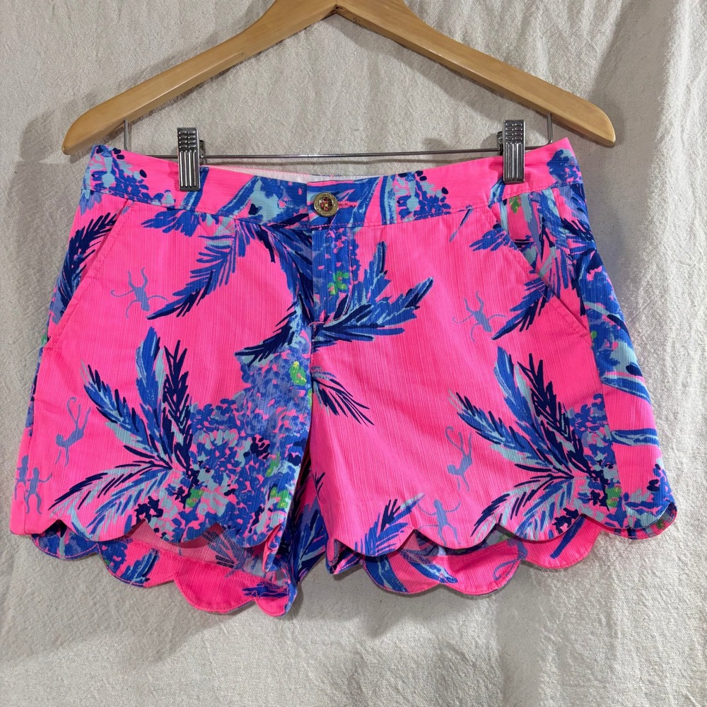 Lilly Pulitzer Buttercup Scallop Hem Shorts Neon Pink Tropical Monkey Print 0